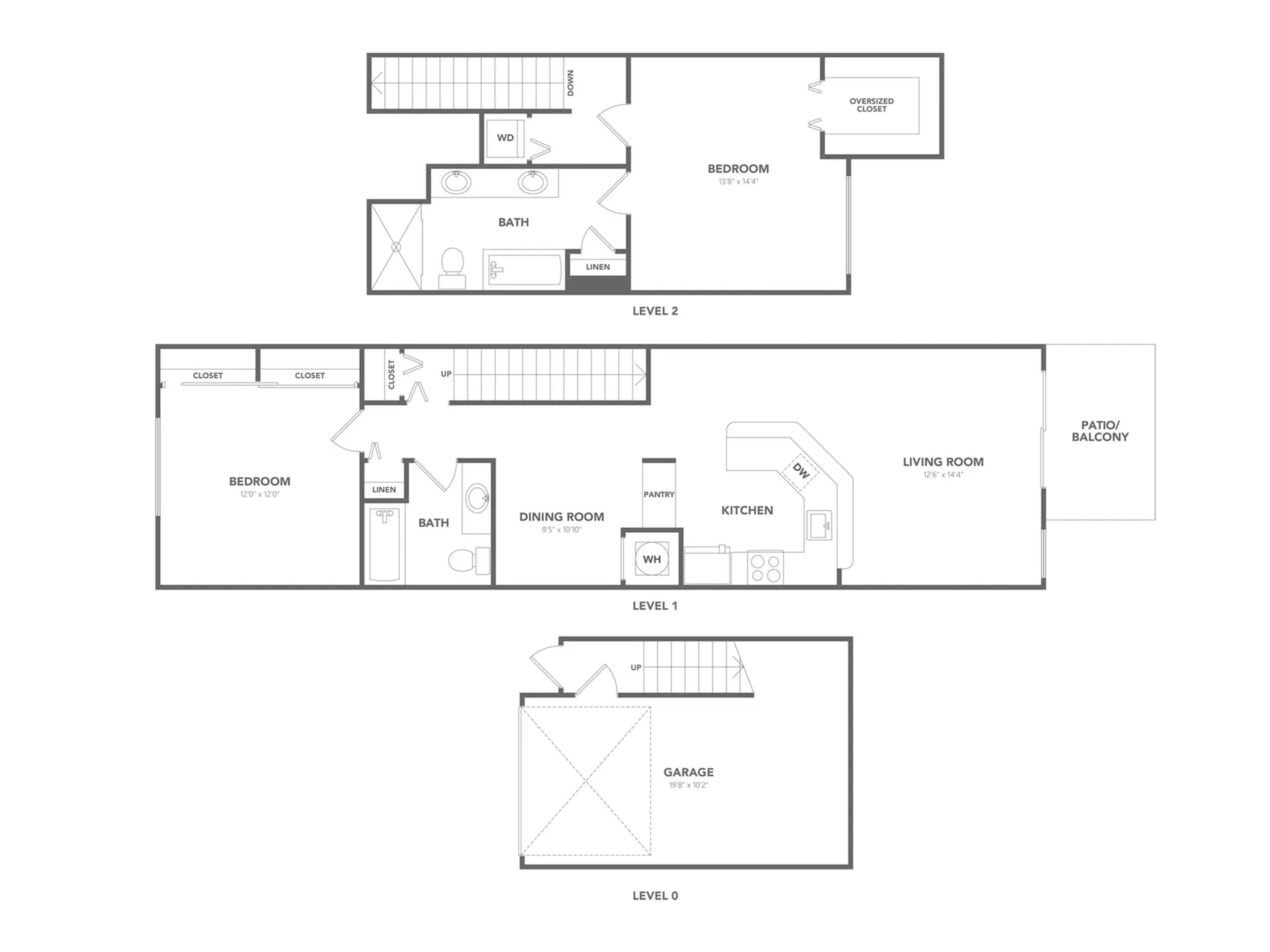 Modern two-level floor plan featuring two spacious bedrooms, an open kitchen and living room, and a private patio. Includes a garage on the ground level.