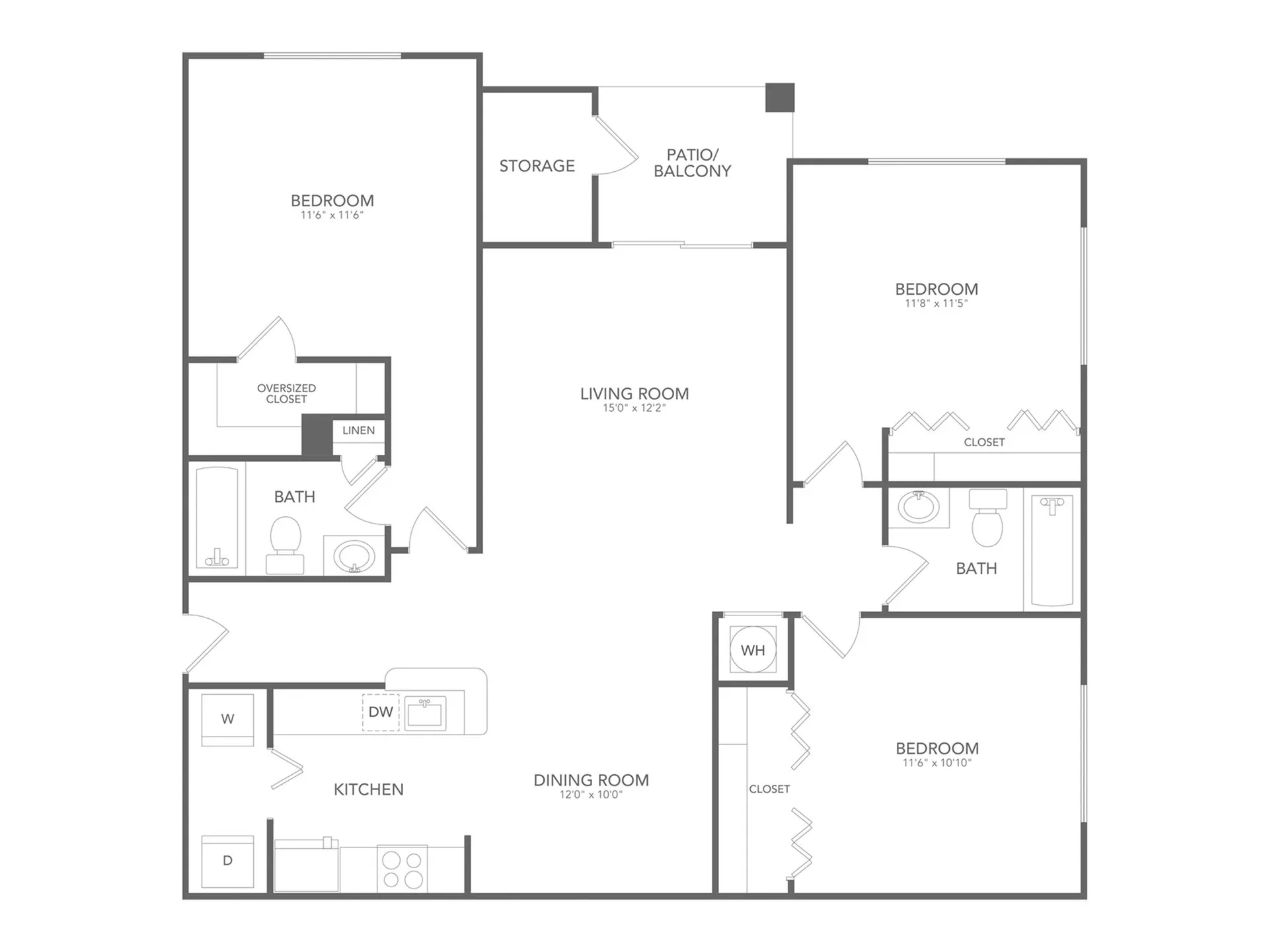 Modern floor plan showcasing 3 bedrooms, an open living room, and a spacious kitchen with adjacent dining area, featuring two bathrooms and a cozy patio balcony.