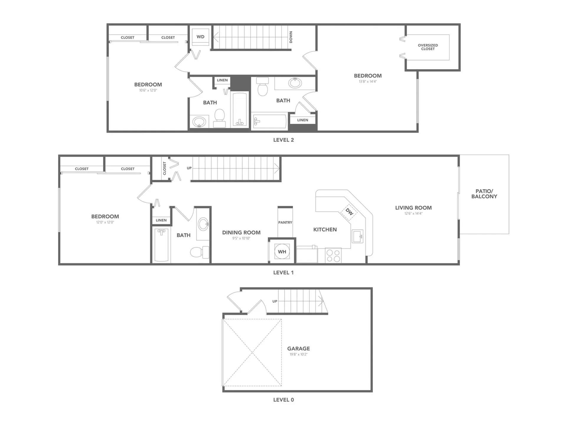 Elegant multi-level floor plan showcasing 3 bedrooms, a spacious living room with a patio, a modern kitchen, dining area, and convenient garage space.