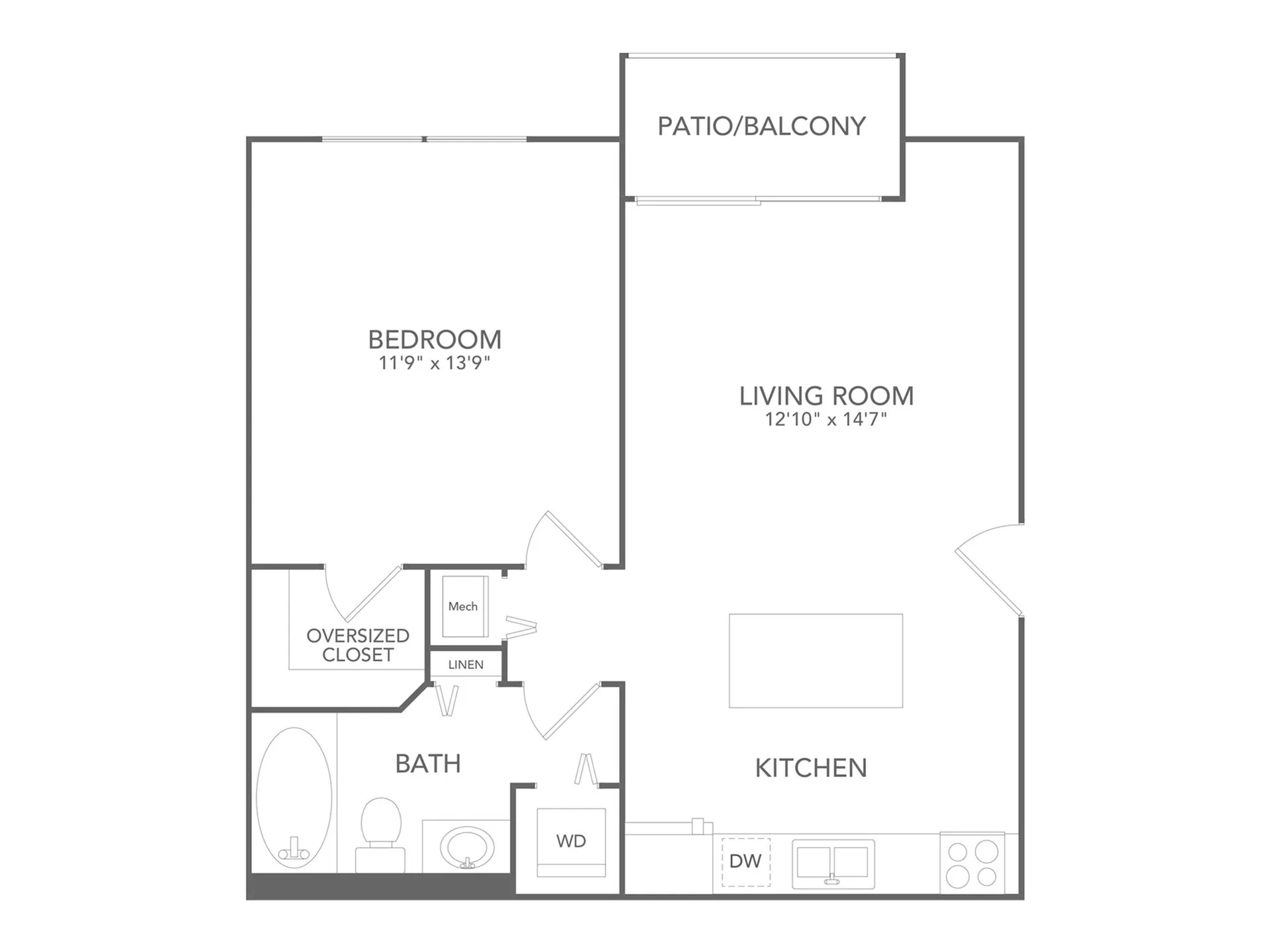 Modern floor plan with one bedroom, spacious living room, stylish kitchen, and patio access, featuring an oversized closet and convenient bathroom layout.