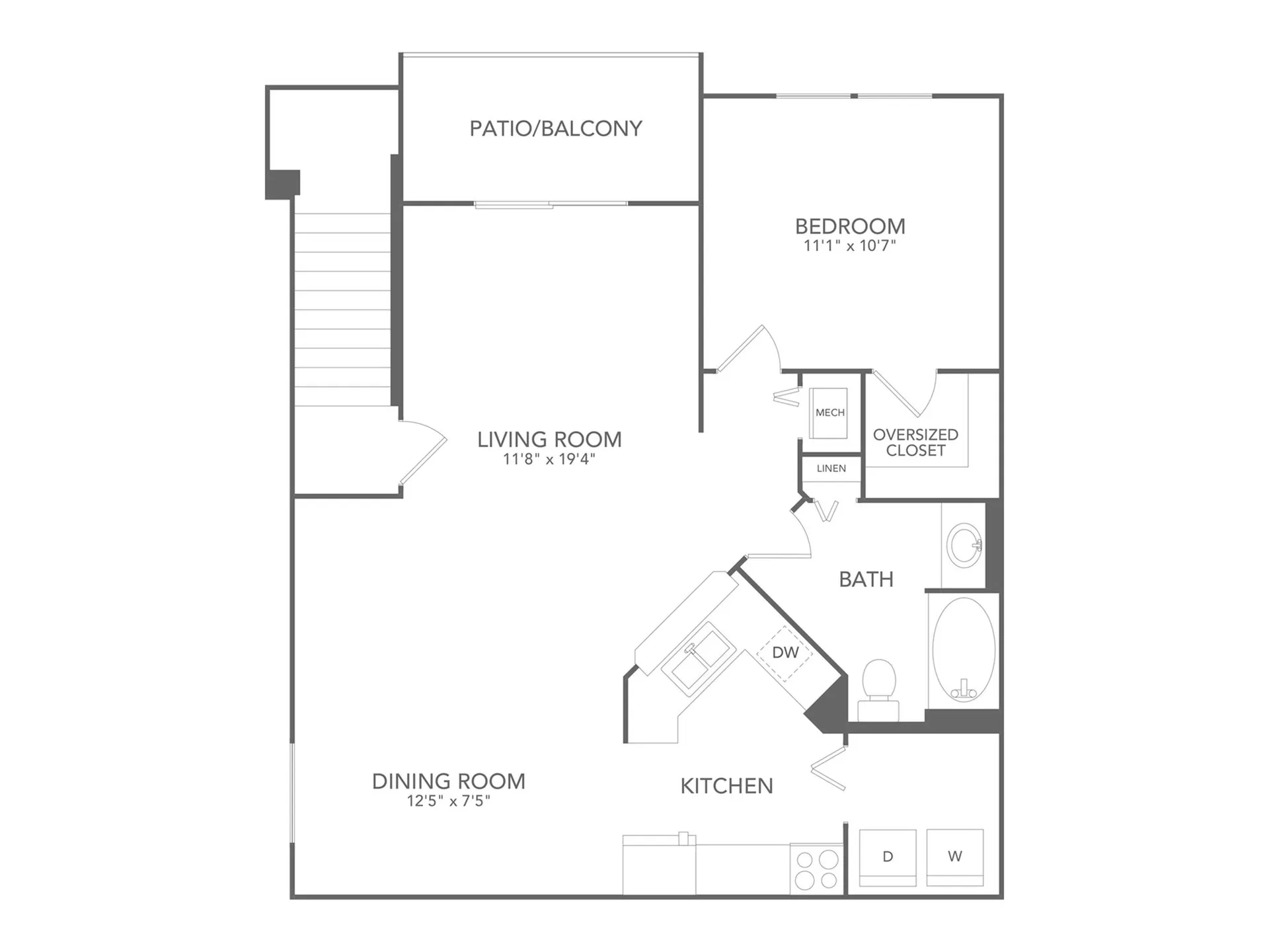 Chic floor plan featuring one-bedroom with oversized closet, spacious living room, dining area, modern kitchen, bath, and patio/balcony.