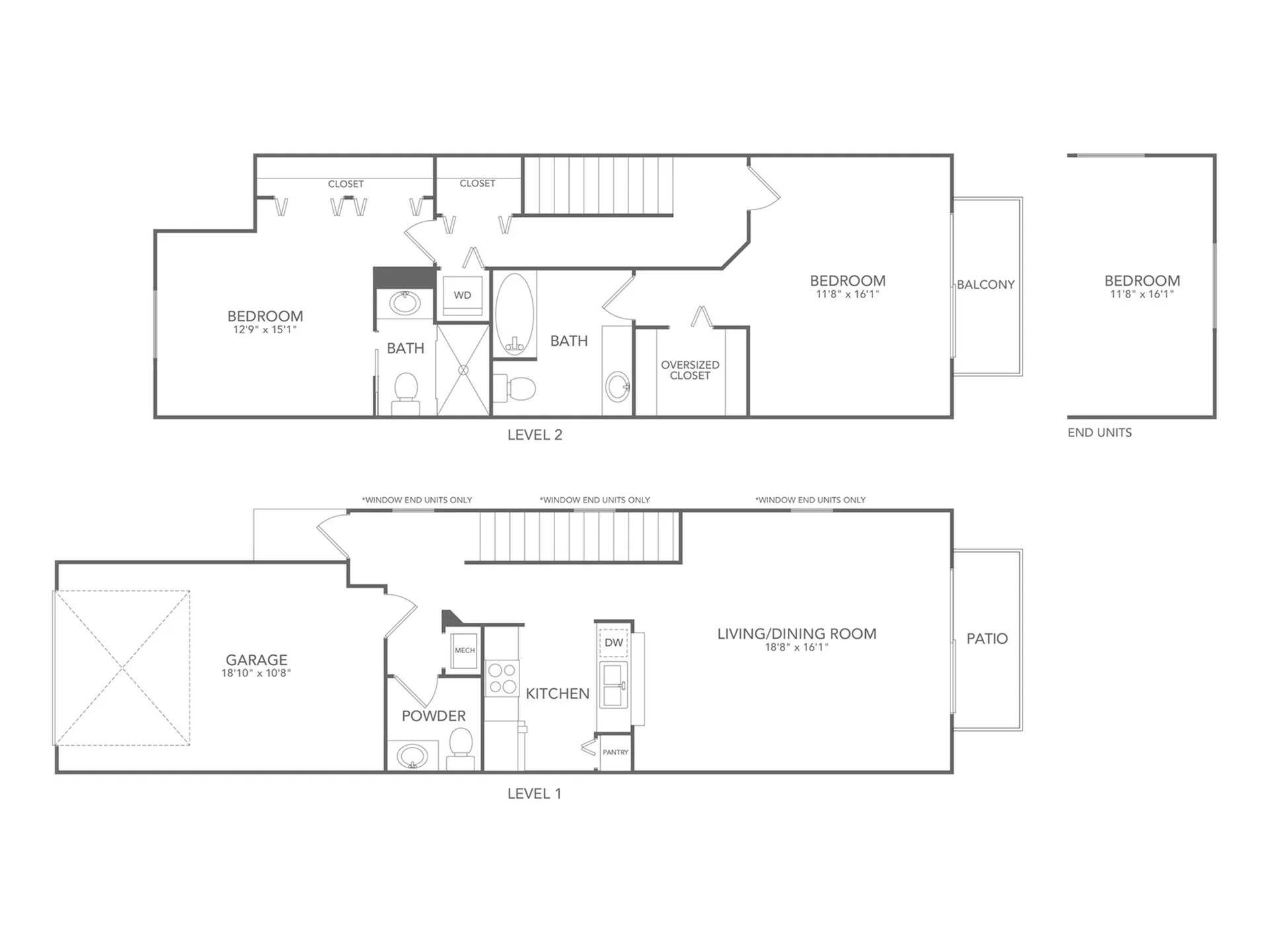 Modern two-level floor plan with three bedrooms, open-concept living/dining area, spacious kitchen, two baths, and a private balcony, featuring a garage and patio.