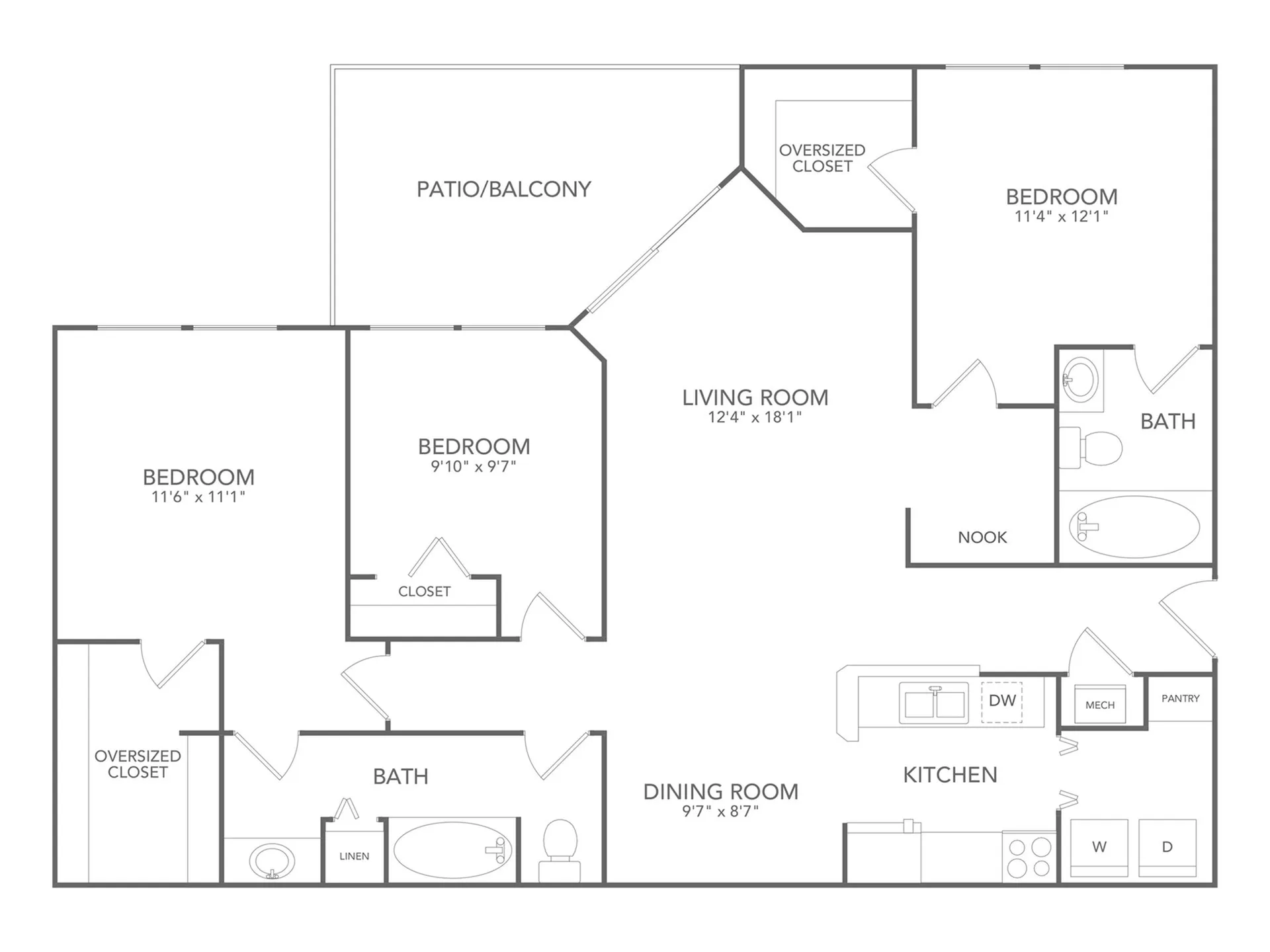 Spacious apartment floor plan featuring three bedrooms, two bathrooms, an open living and dining area, and a modern kitchen with pantry. Includes a patio/balcony for outdoor enjoyment.