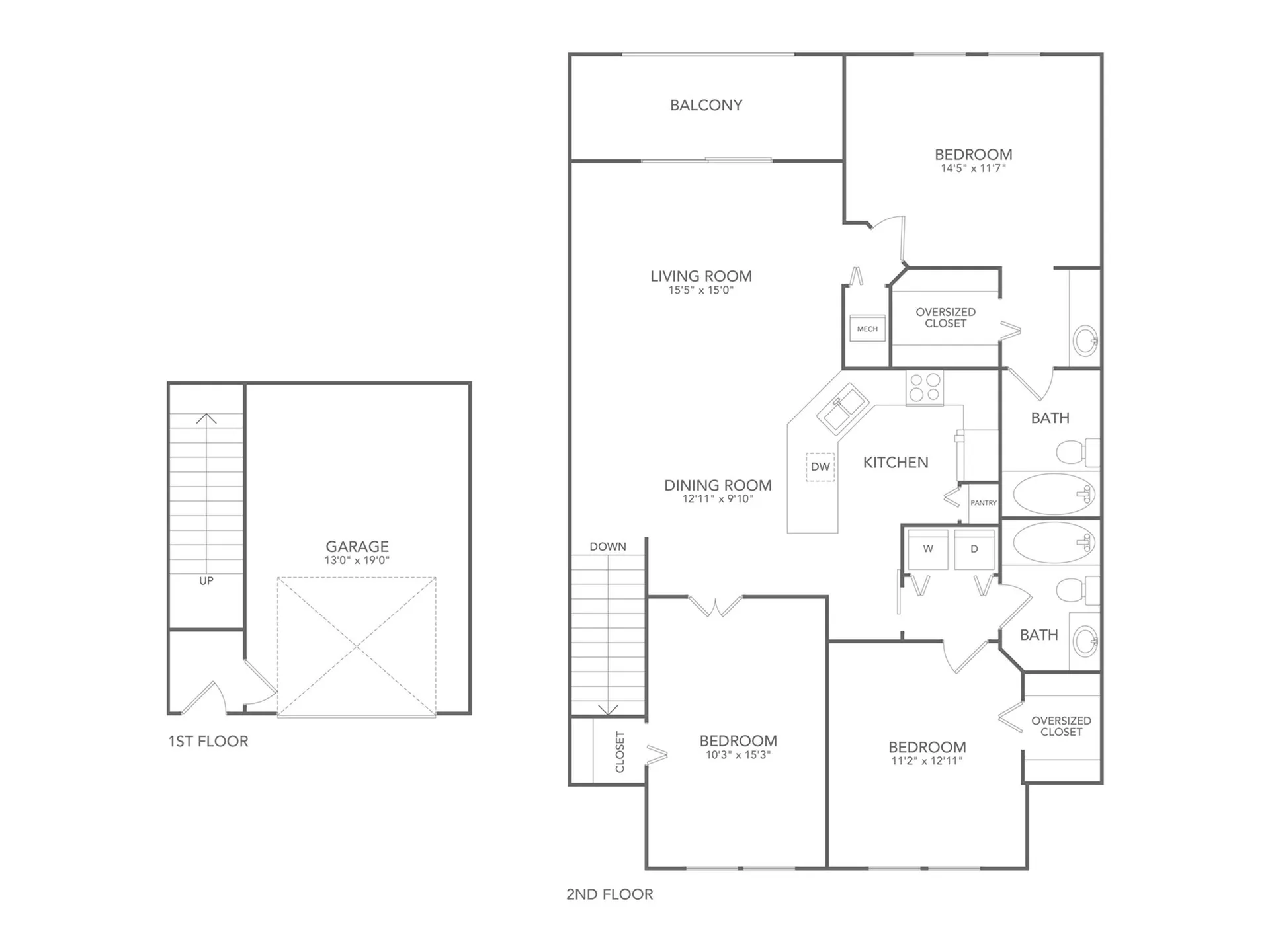 Charming floor plan featuring three bedrooms, open living and dining areas, a modern kitchen, inviting balcony, and a private garage.