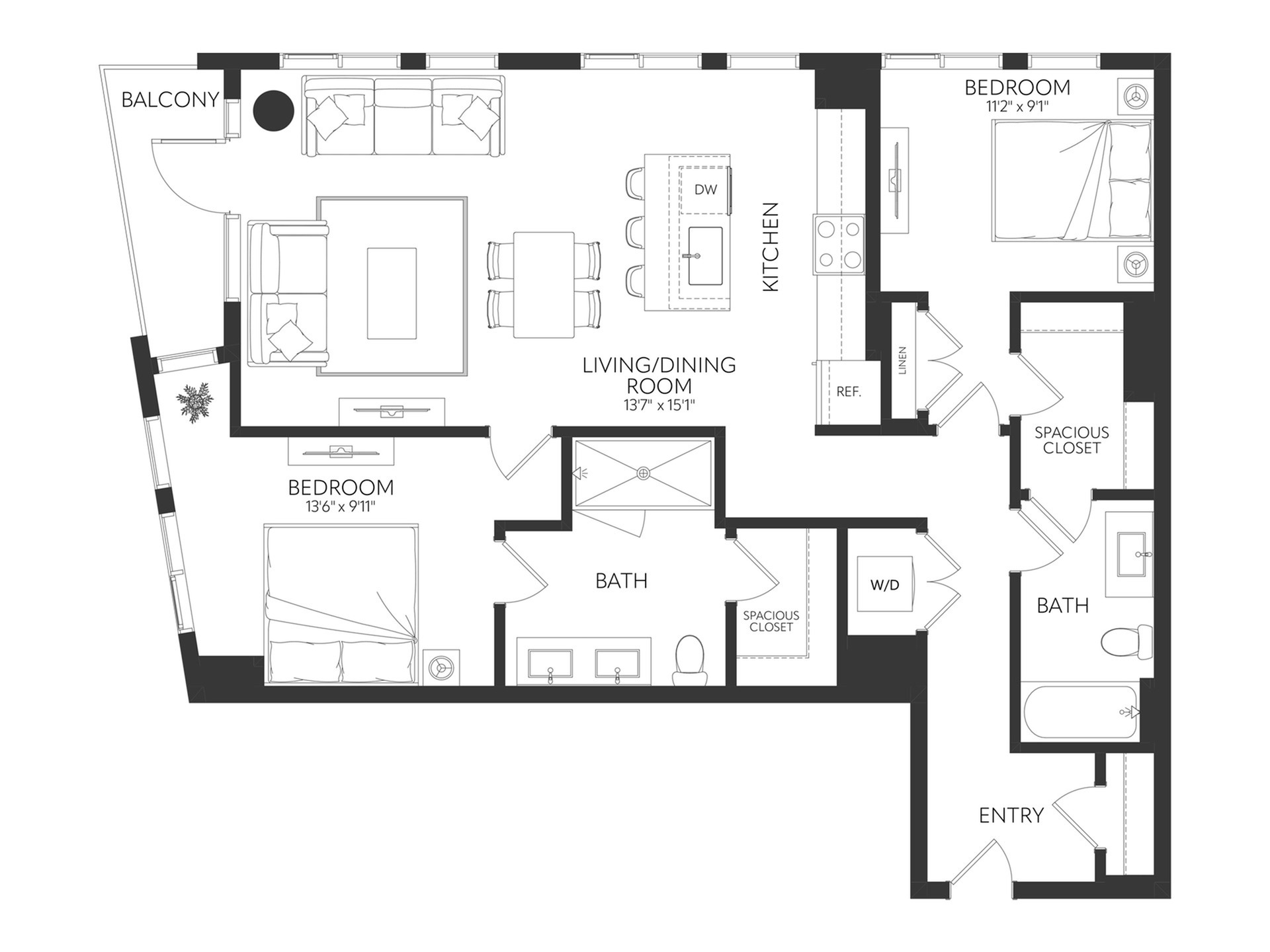Sophisticated floor plan showcasing 2 bedrooms, open living/dining area with balcony, and modern kitchen.