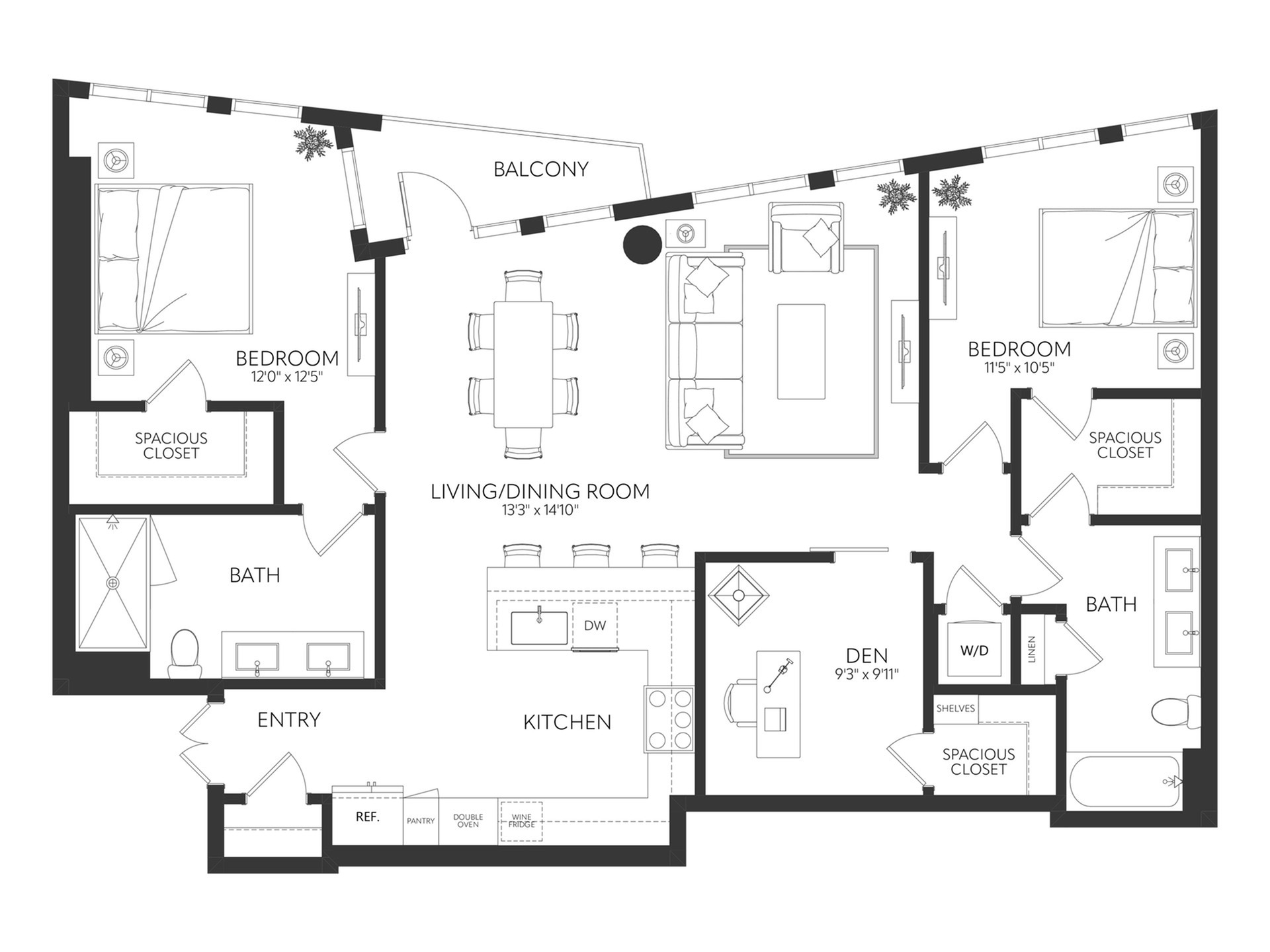 Modern floor plan featuring 2 spacious bedrooms, open kitchen, living/dining area, cozy den, and elegant balcony. Perfect for stylish urban living.