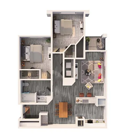 Modern 2D floor plan showcasing 2 spacious bedrooms, elegant living room, and contemporary kitchen with dining area.