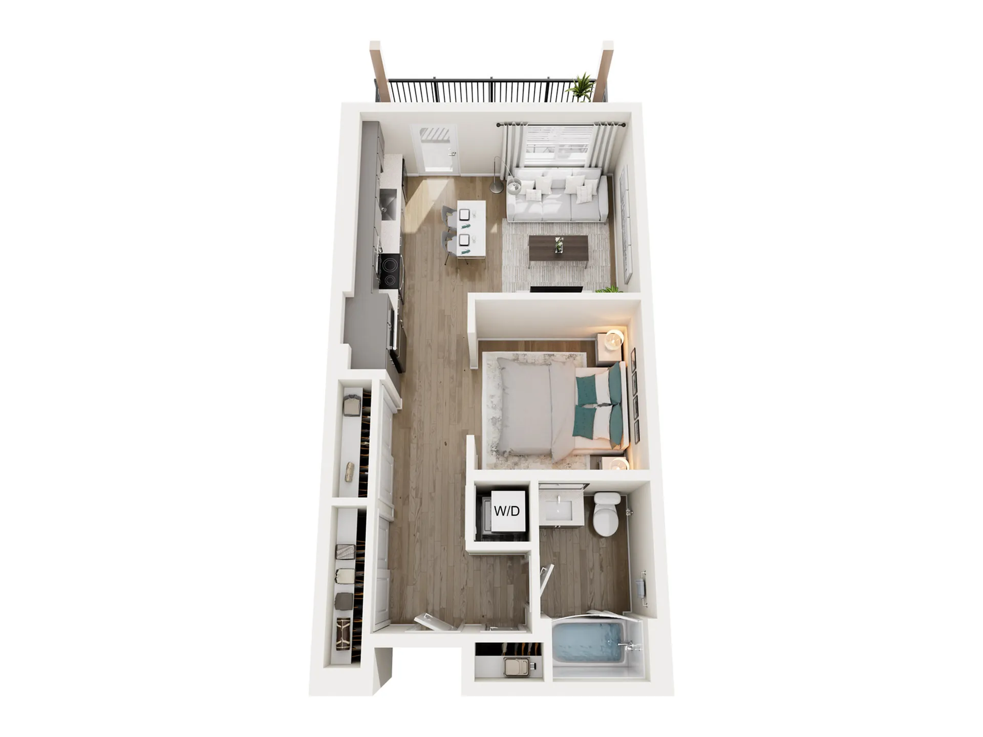 Modern 3D floor plan featuring one bedroom, open living space, sleek kitchen, and bathroom with stylish design.