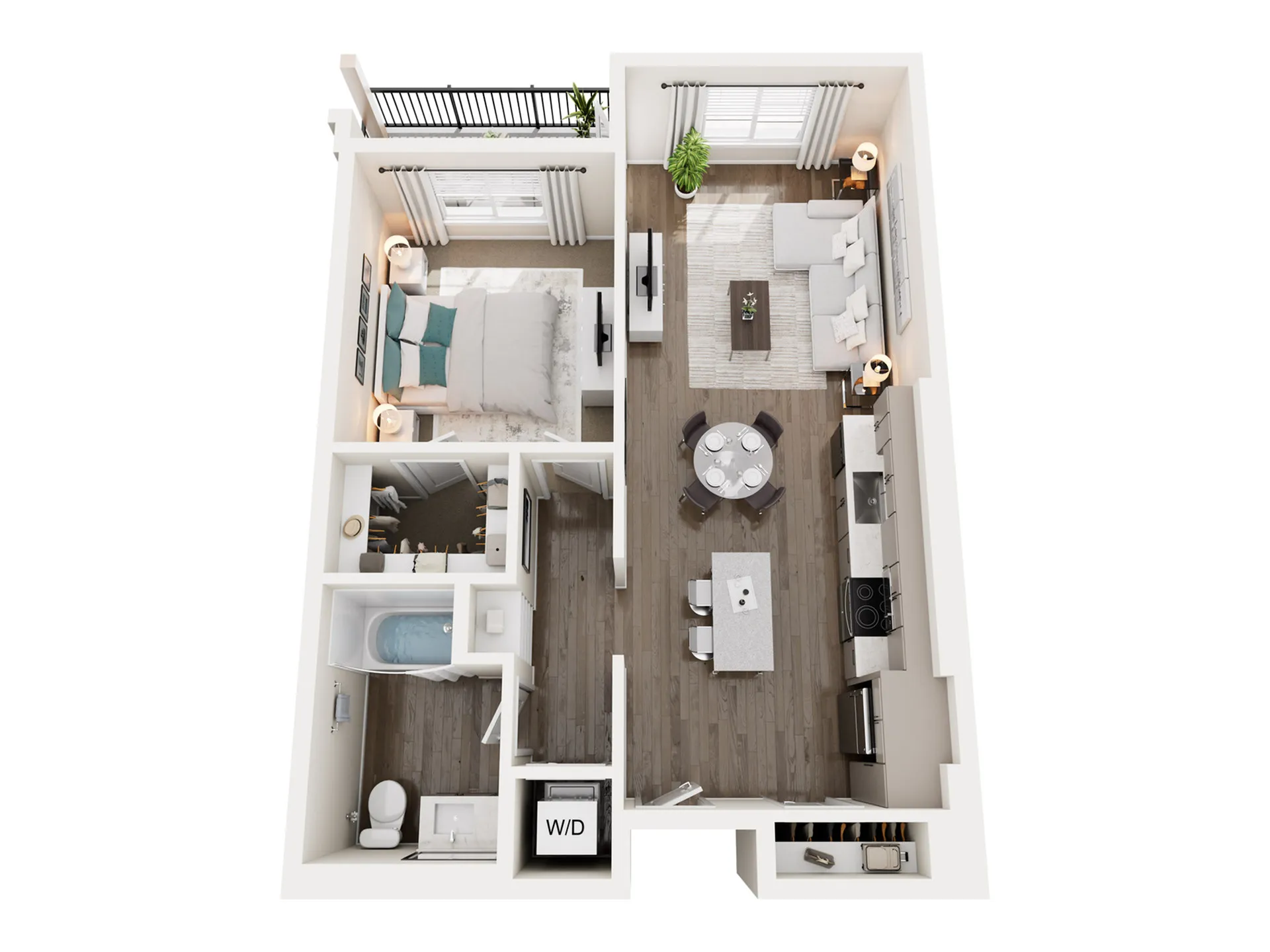Chic floor plan showcasing a modern 1-bedroom apartment with an open living area, stylish kitchen, and balcony.