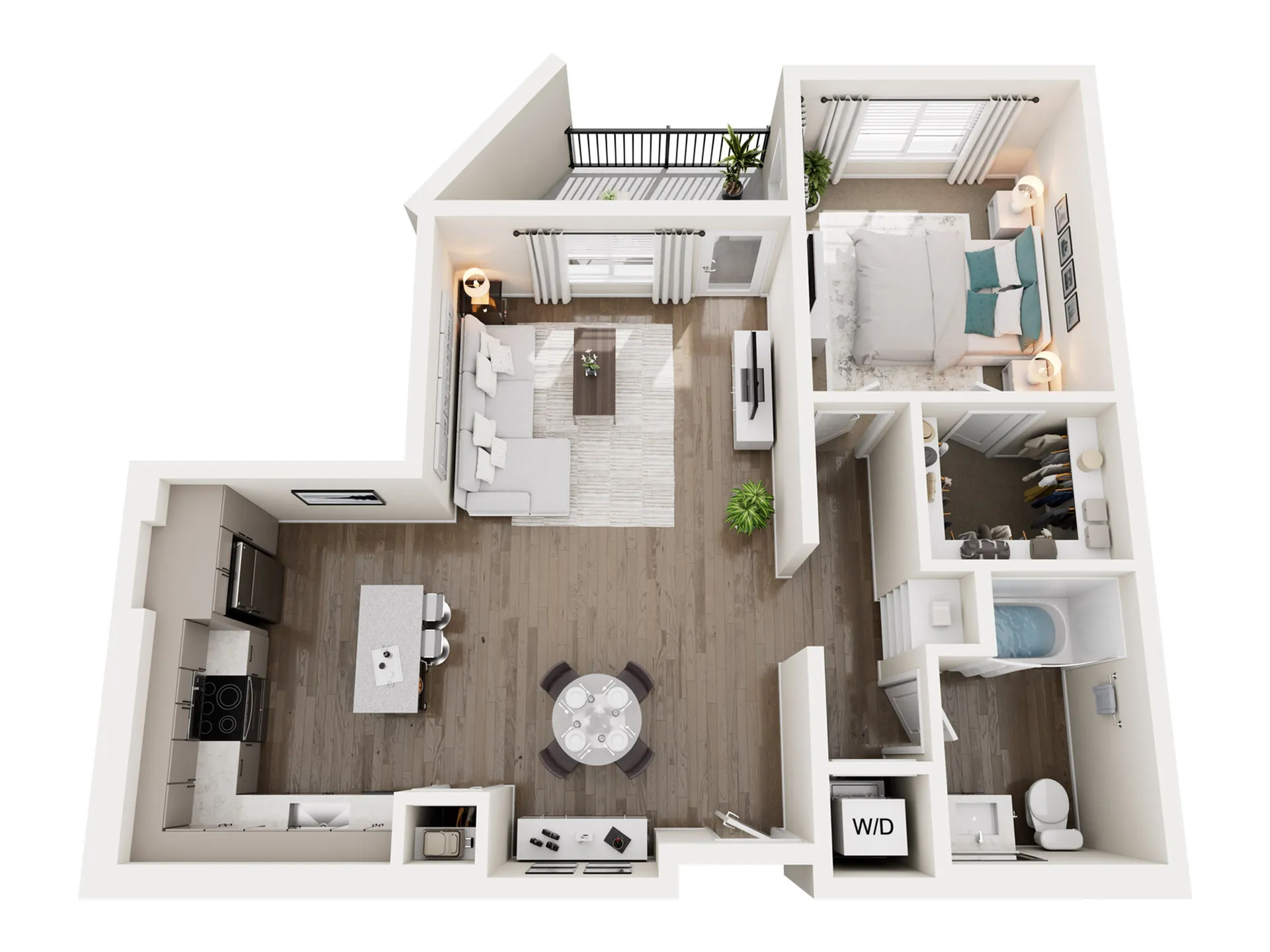 Modern 3D floor plan showcasing a bright one-bedroom apartment with open-concept living area, elegant kitchen, spacious bathroom, and a private balcony.