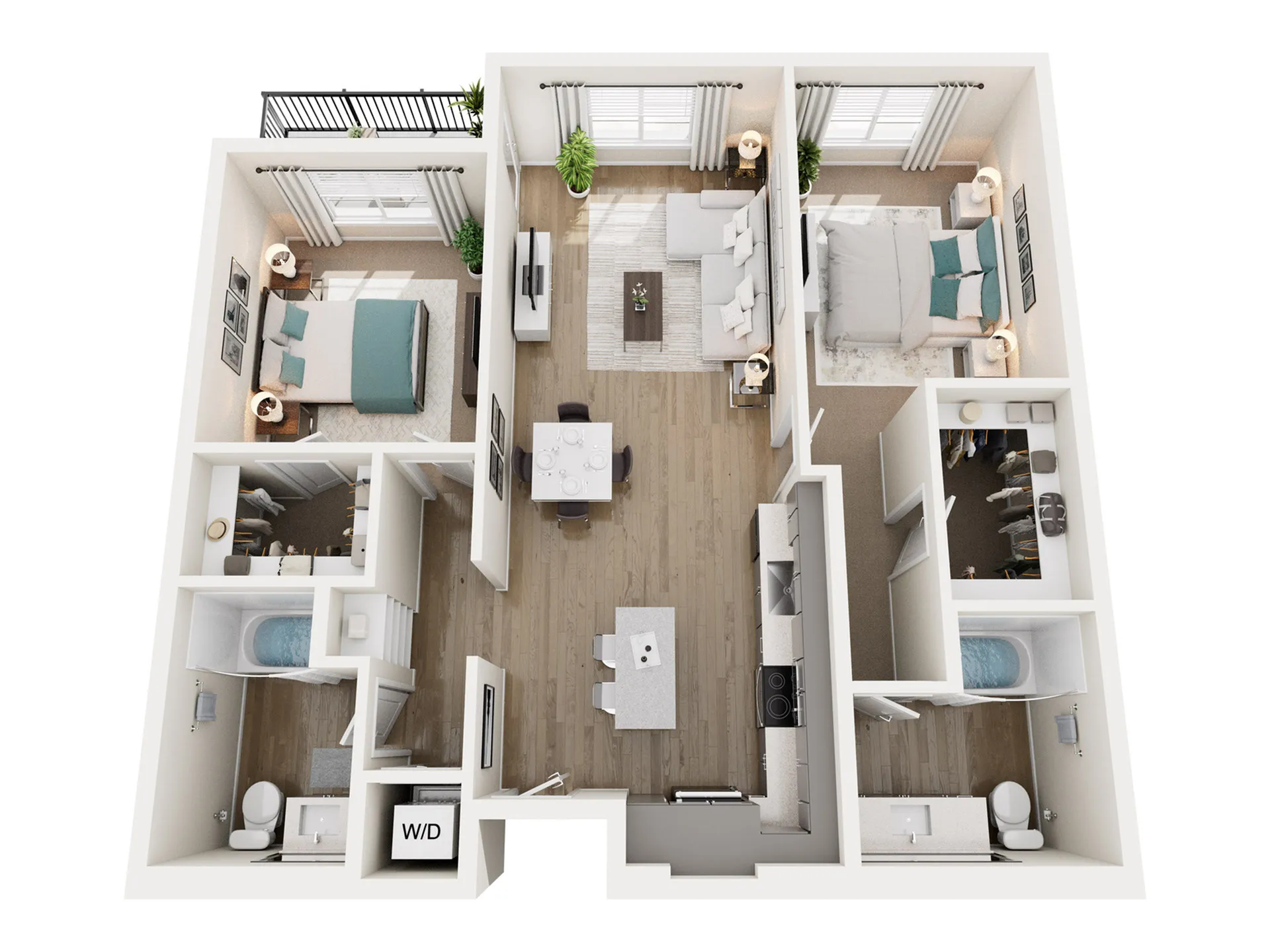 Modern 3D floor plan featuring two spacious bedrooms, an open-concept living and dining area, sleek kitchen, and dual bathrooms, designed for comfort and style.