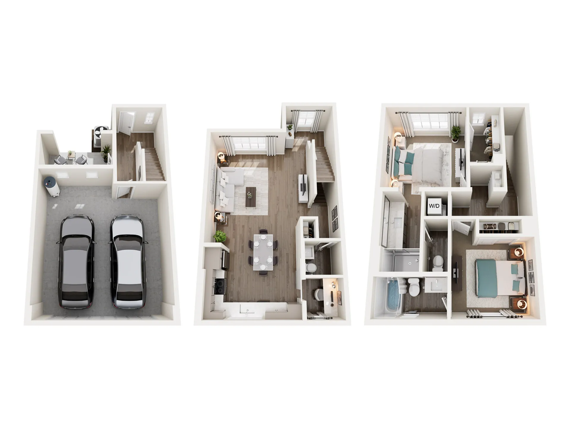 Modern three-story floor plan featuring a two-car garage, open-concept living and dining area, two cozy bedrooms, and a stylish master suite.