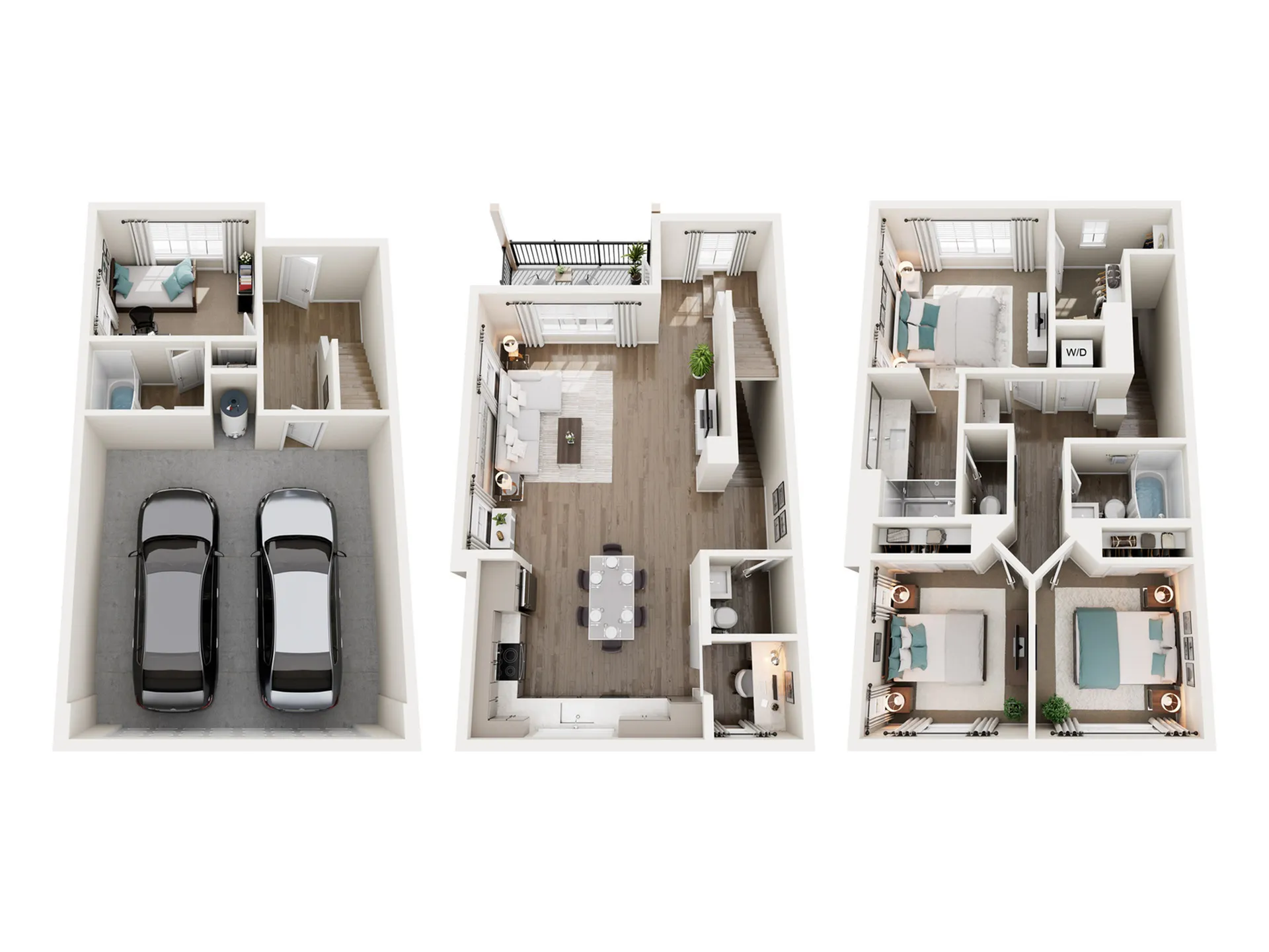 Elegant multi-level floor plan showcasing a double garage, cozy office space, open-concept living and dining area, and three spacious bedrooms.