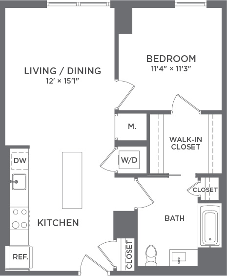 Modern floor plan featuring a spacious bedroom with a walk-in closet, a stylish kitchen with breakfast island, and an open-concept living and dining area.