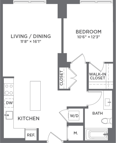 Modern 1-bedroom apartment floor plan with open living and dining area, well-equipped kitchen, and spacious walk-in closet.
