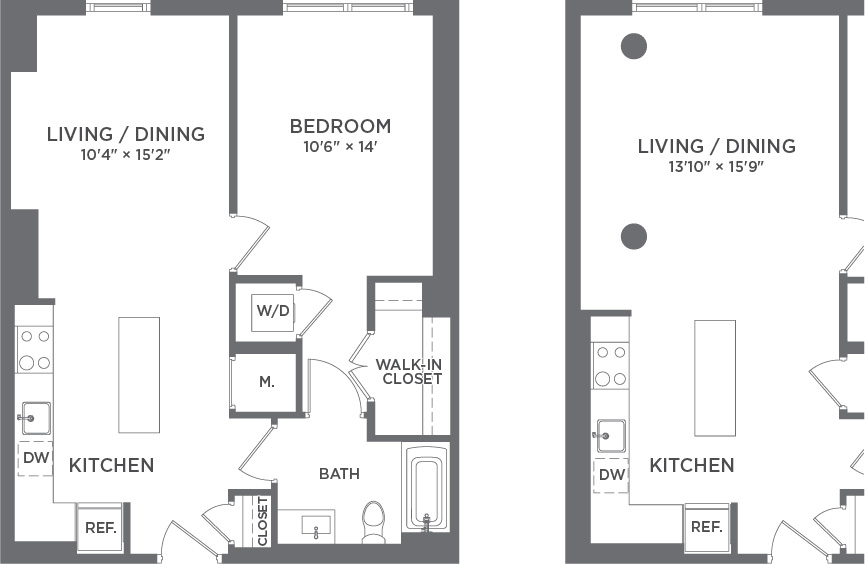 Elegant floor plans featuring inviting living/dining areas, modern kitchens, and spacious bedrooms with sleek walk-in closets.