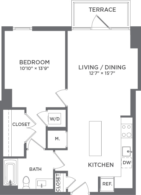 Elegant floor plan featuring 1 bedroom, open-concept kitchen and living/dining area, inviting terrace access.