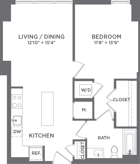 Modern floor plan featuring one bedroom, open living and dining space, efficient kitchen with island, and convenient in-unit laundry.