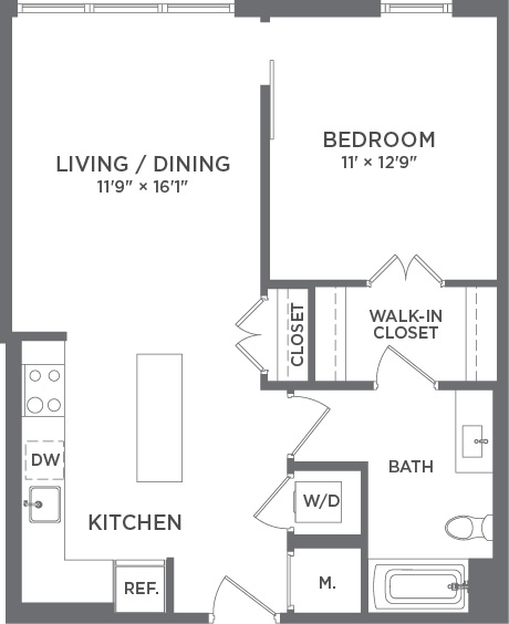 Modern apartment floor plan featuring a spacious living/dining area, one bedroom with a walk-in closet, stylish kitchen, and convenient bathroom layout.
