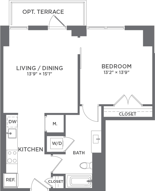 Modern 1-bedroom apartment floor plan featuring spacious living/dining area, sleek kitchen, and optional terrace.