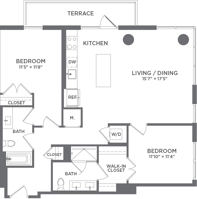 Elegant floor plan showcasing 2 bedrooms, open kitchen, and expansive living/dining area leading to a terrace.