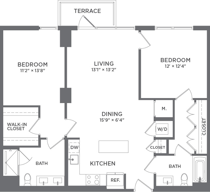 Modern apartment floor plan featuring 2 spacious bedrooms, open living and dining area, kitchen with island, walk-in closet, 2 bathrooms, and a charming terrace.