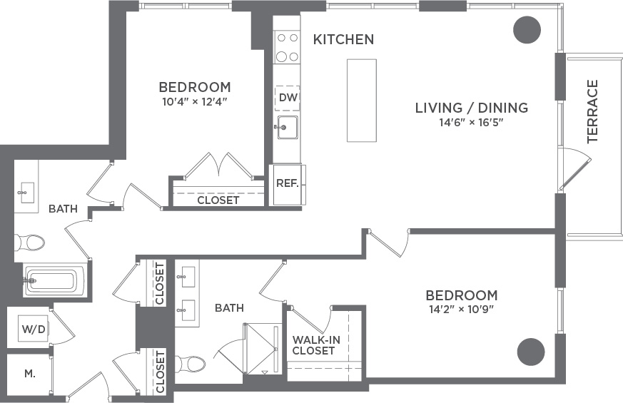 Modern apartment floor plan showcasing two spacious bedrooms, a sleek kitchen, and an open living/dining area with access to a cozy terrace.