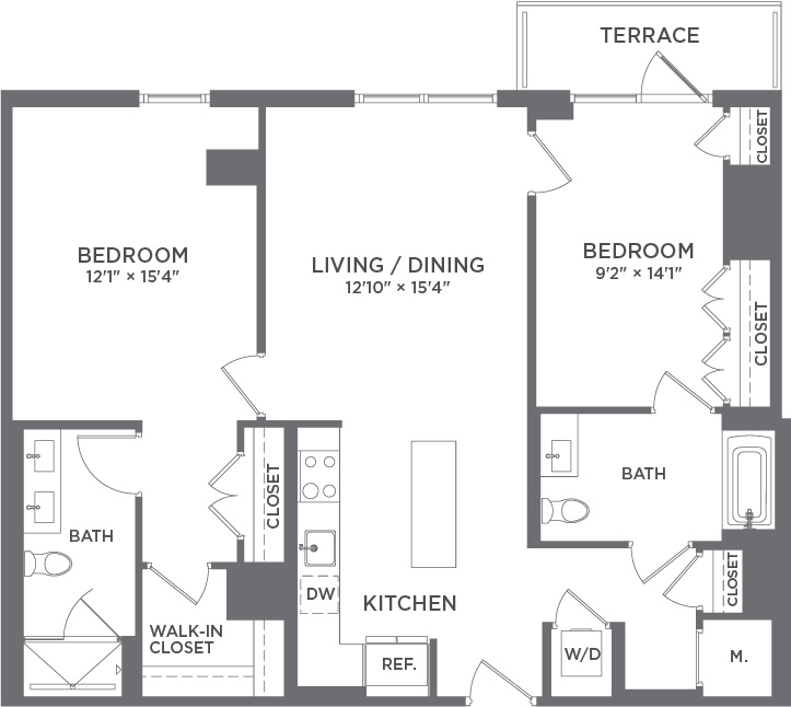 Elegant floor plan showcasing 2 bedrooms, a modern kitchen, open living/dining area, and a terrace; ideal for contemporary living.