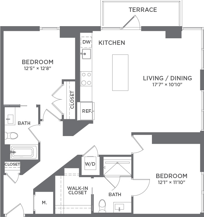 Modern apartment floor plan featuring 2 spacious bedrooms, a bright open kitchen, living/dining area, two baths, and a cozy terrace.