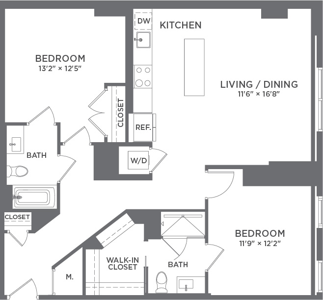 Contemporary floor plan showcasing 2 bedrooms, 2 bathrooms, a spacious living/dining area, and a modern kitchen with island.