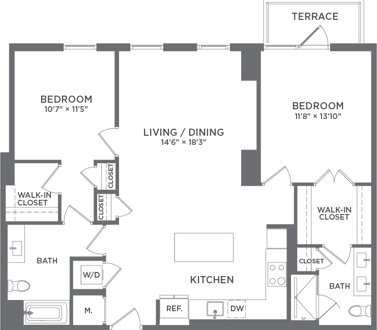 Elegant floor plan showcasing 2 spacious bedrooms, open living and dining area, modern kitchen, and terrace.
