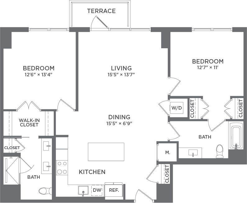 Modern 2D floor plan with 2 spacious bedrooms, open living and dining area, elegant kitchen, and terrace access.