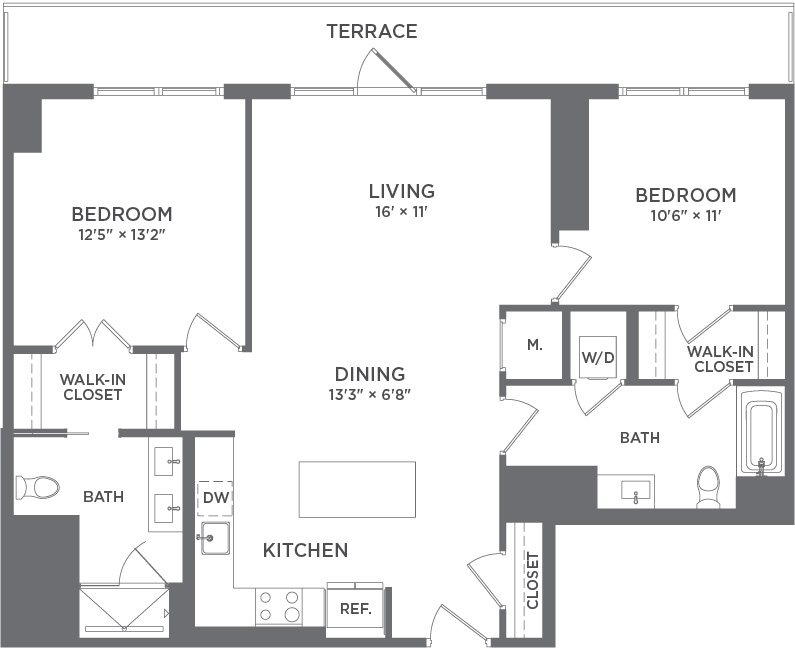 Modern floor plan showcasing 2 bedrooms with walk-in closets, open living and dining area, sleek kitchen with island, and access to a terrace.