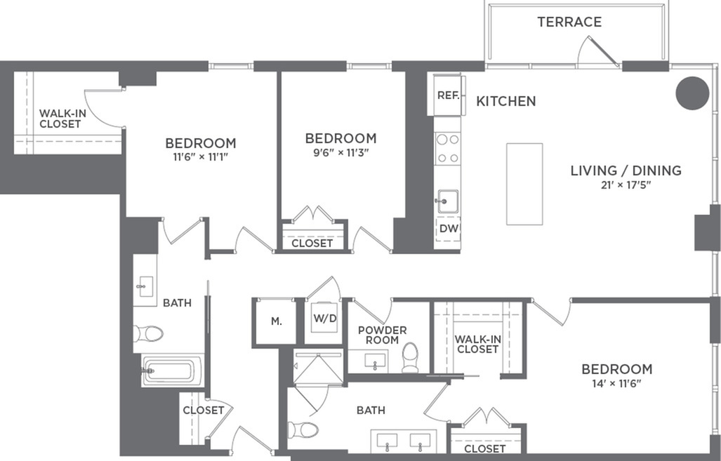 Modern floor plan highlighting 3 bedrooms, spacious living and dining area, and convenient kitchen access to terrace.