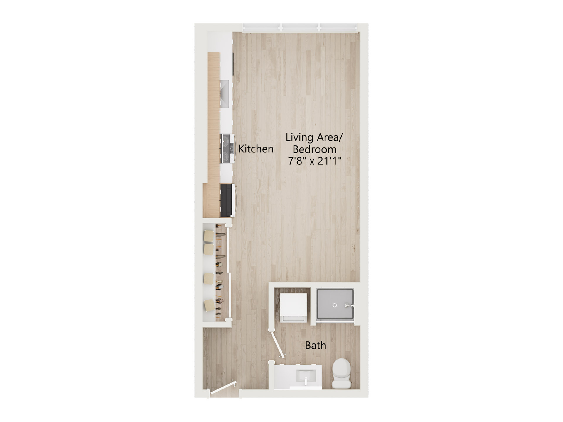 Modern open-concept floor plan showcasing a combined living and sleeping area with an adjoining kitchen, and a well-appointed bath.