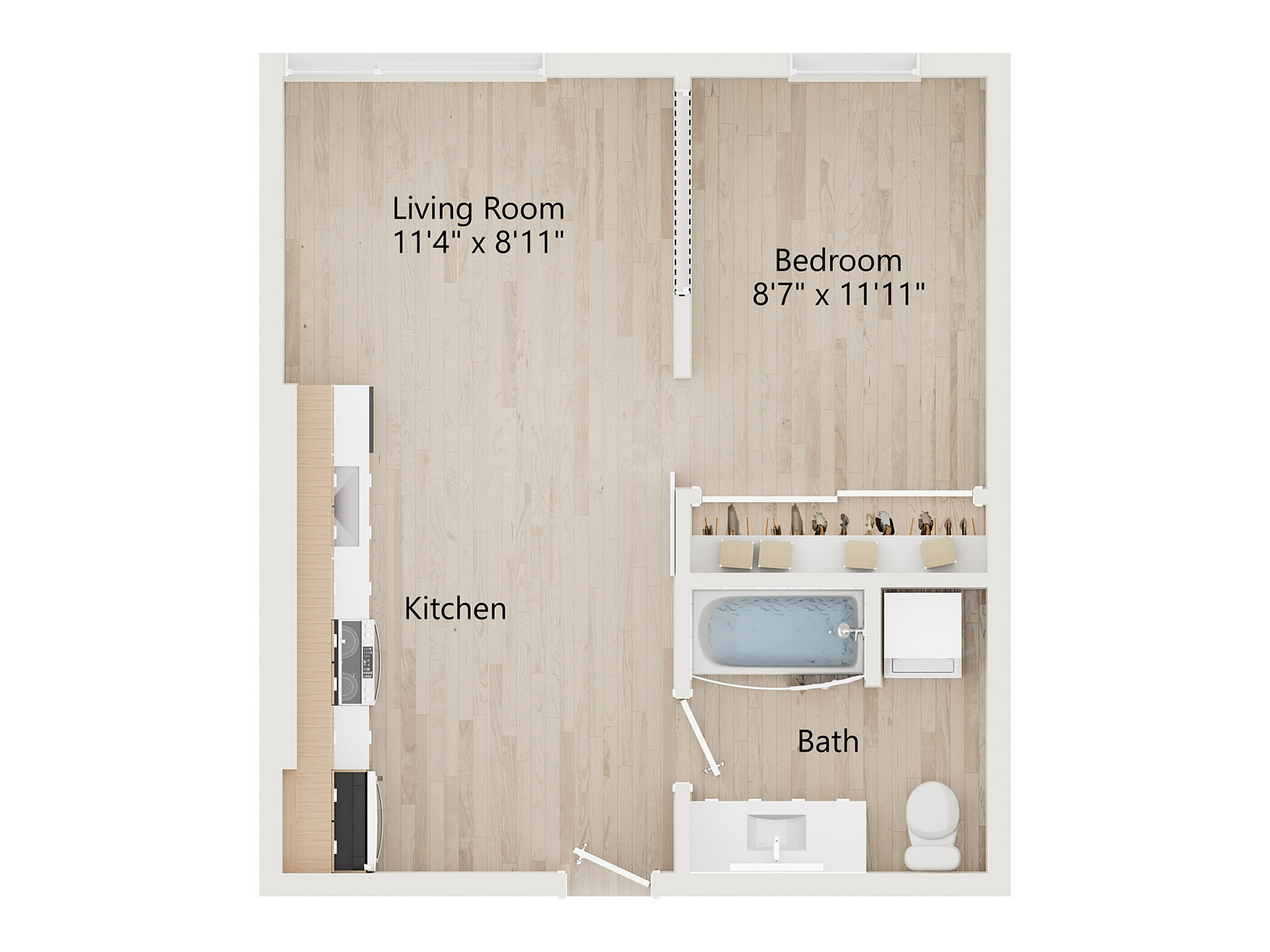 Modern one-bedroom apartment floor plan featuring a cozy living room, functional kitchen, and a well-designed bathroom.