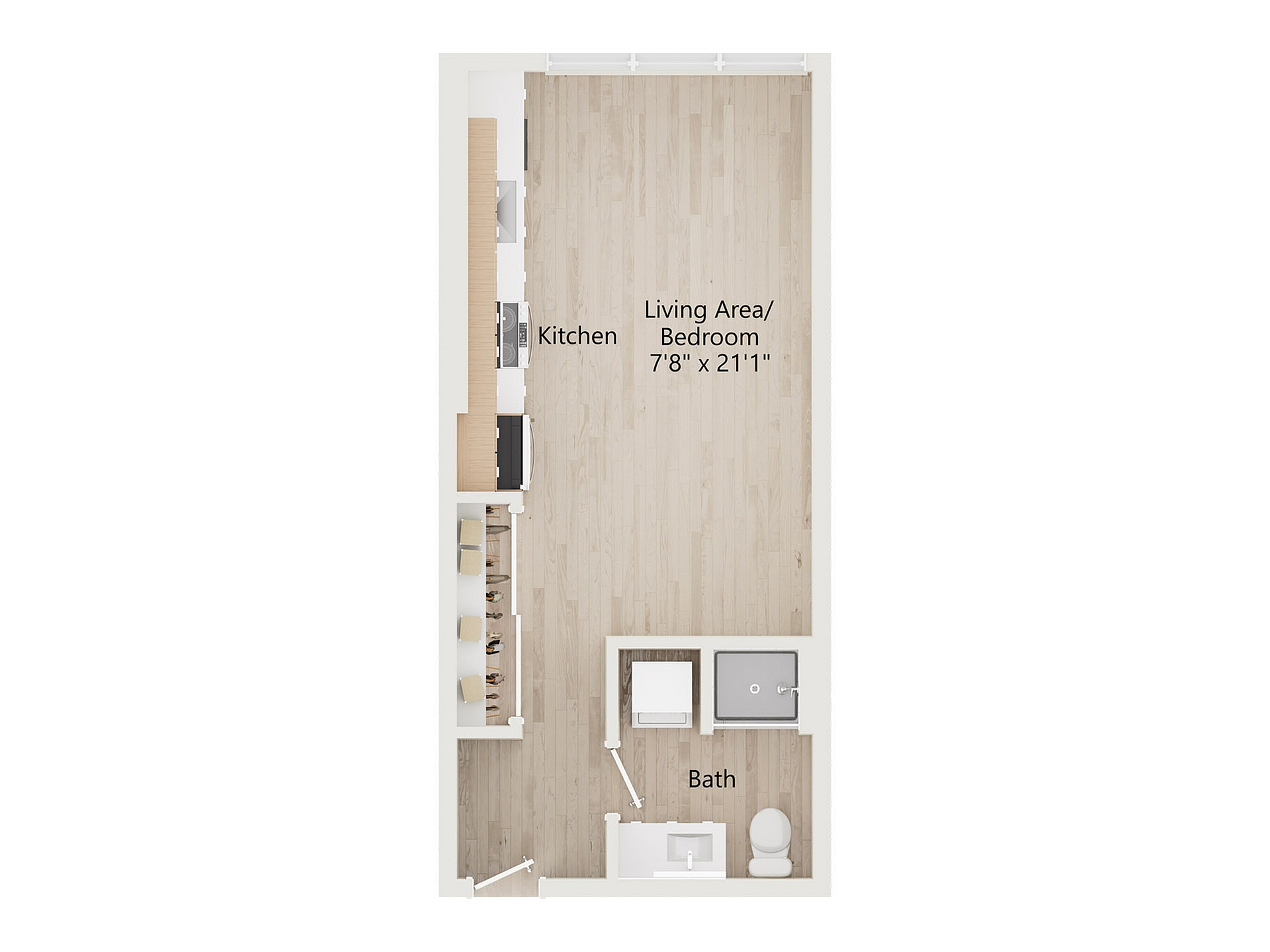 Chic studio floor plan featuring an open living area blending into a modern kitchen and a conveniently placed bathroom.