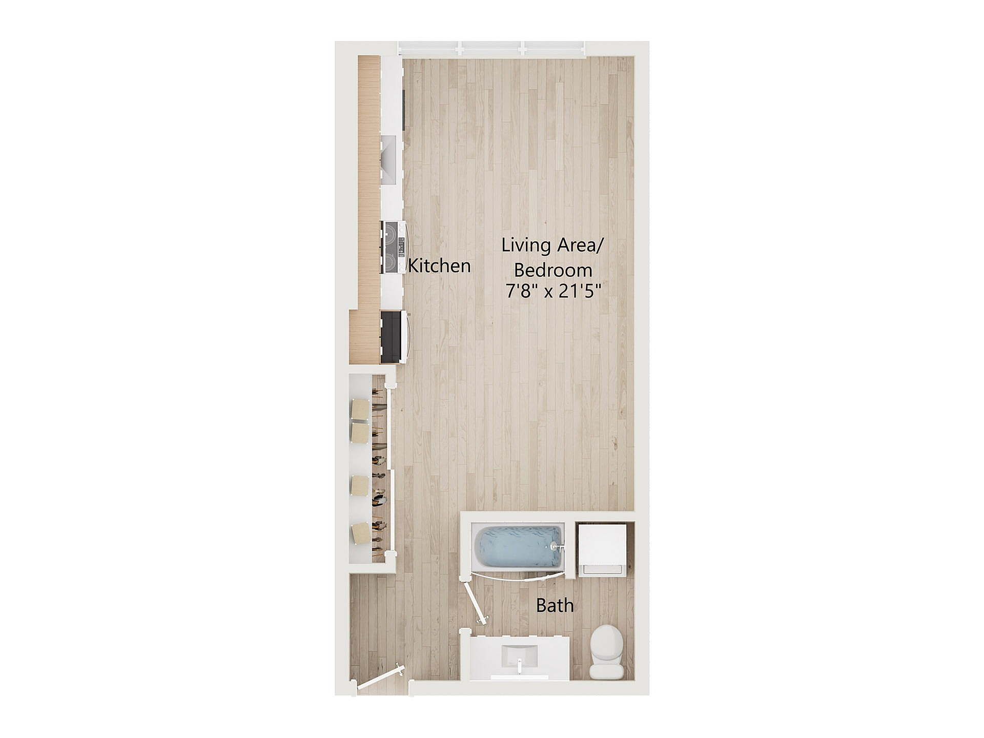 Modern studio apartment floor plan featuring open-concept kitchen and living area, and a stylish bath, measuring 7\'8\" x 21\'5\".