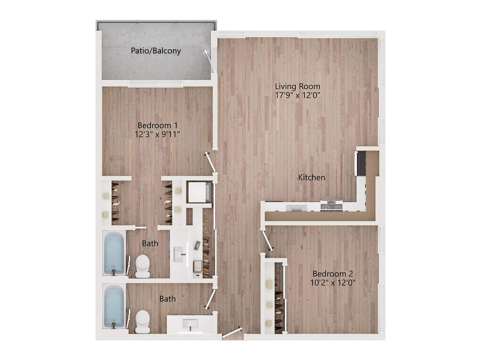 Modern floor plan featuring 2 bedrooms, 2 bathrooms, a spacious living room, and a stylish kitchen with a patio/balcony.