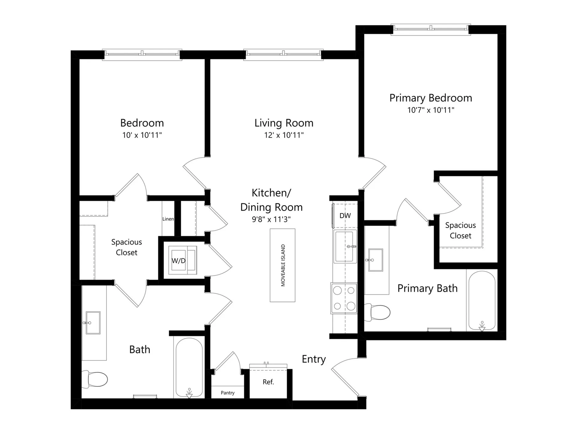 Elegant floor plan featuring 2 bedrooms, a spacious living room, and an open kitchen/dining area with a movable island.