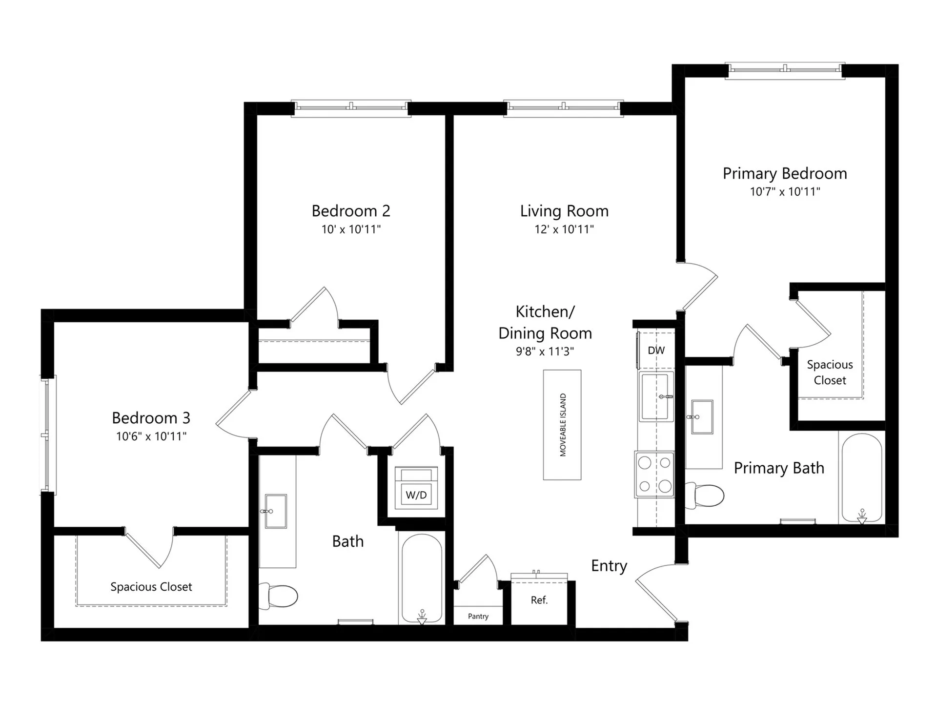 Modern floor plan showcasing 3 bedrooms, a versatile kitchen/dining area, and an inviting living room, perfect for contemporary living.
