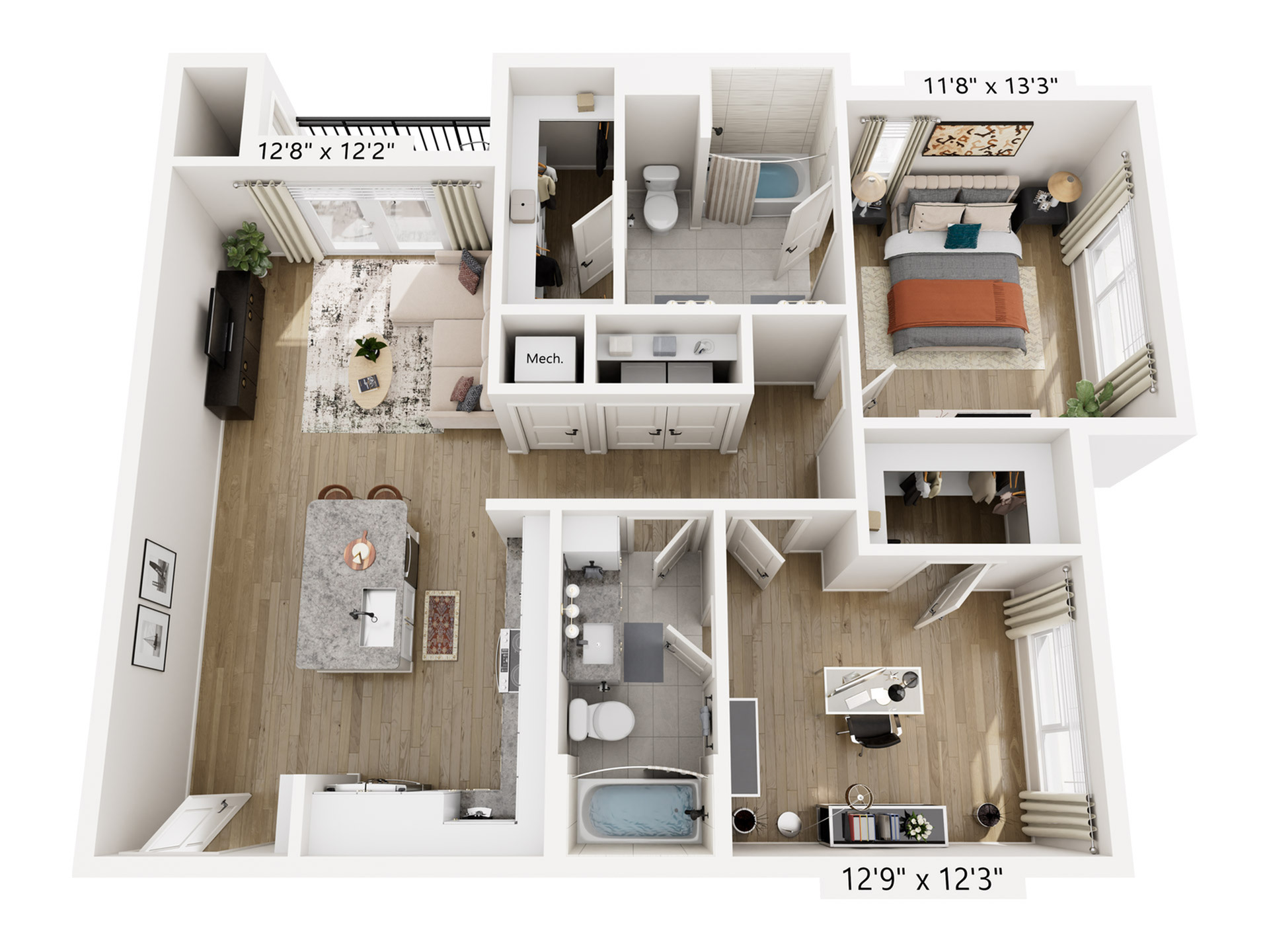 Chic 3D floor plan showcasing a one-bedroom apartment with a cozy workspace, modern open-concept living and dining area, stylish kitchen, and spacious bathroom.