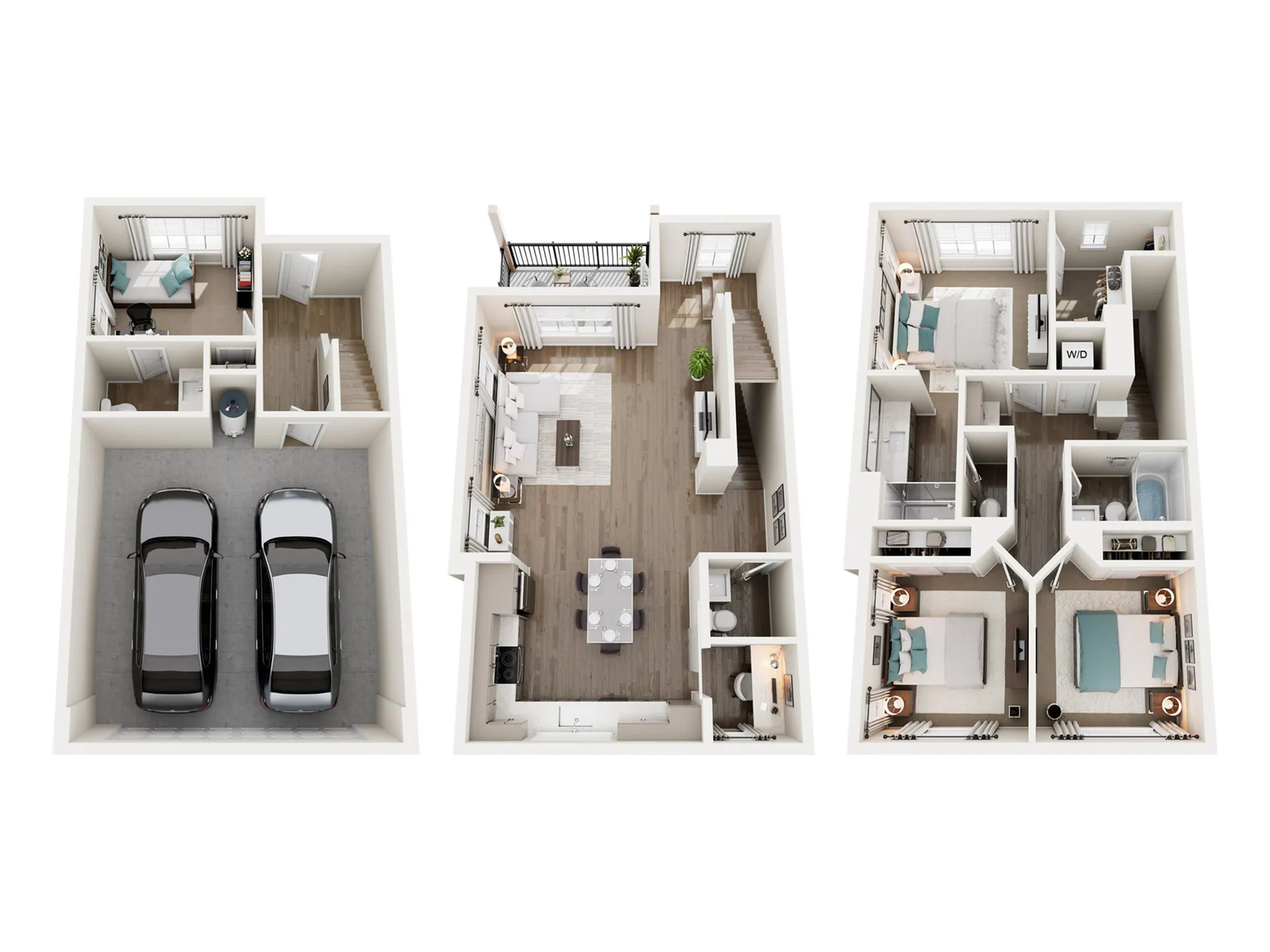 Modern floor plan showcasing a three-story townhouse with a two-car garage, stylish living area with balcony, and three bedrooms with two full bathrooms and two half bathrooms.