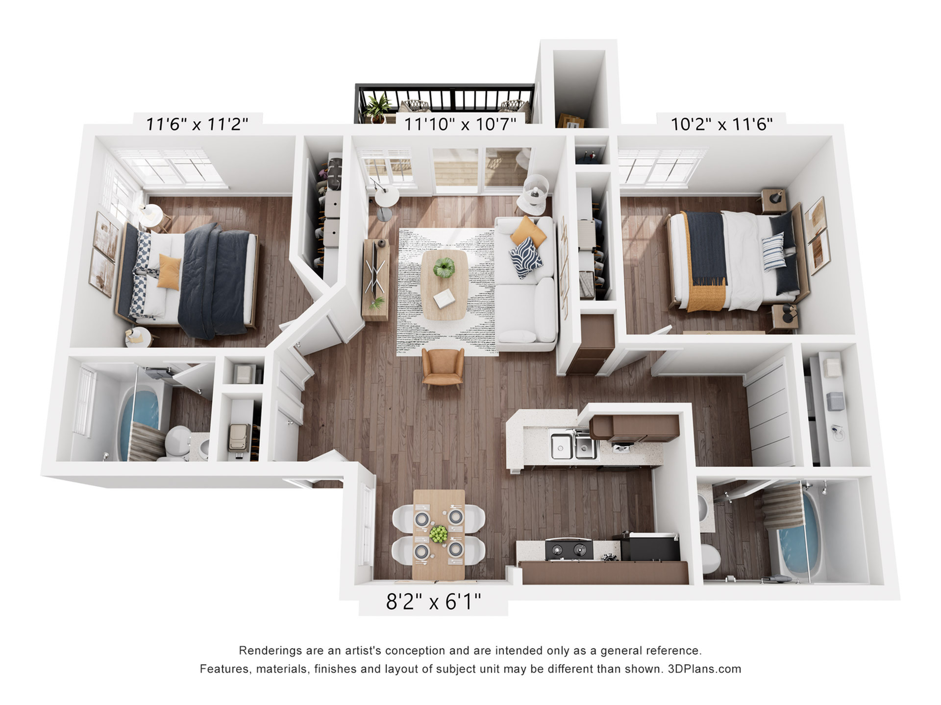 Modern 3D floor plan showcasing a sophisticated 2-bedroom apartment with elegant living area, stylish kitchen, and cozy dining space, perfect for comfortable urban living.