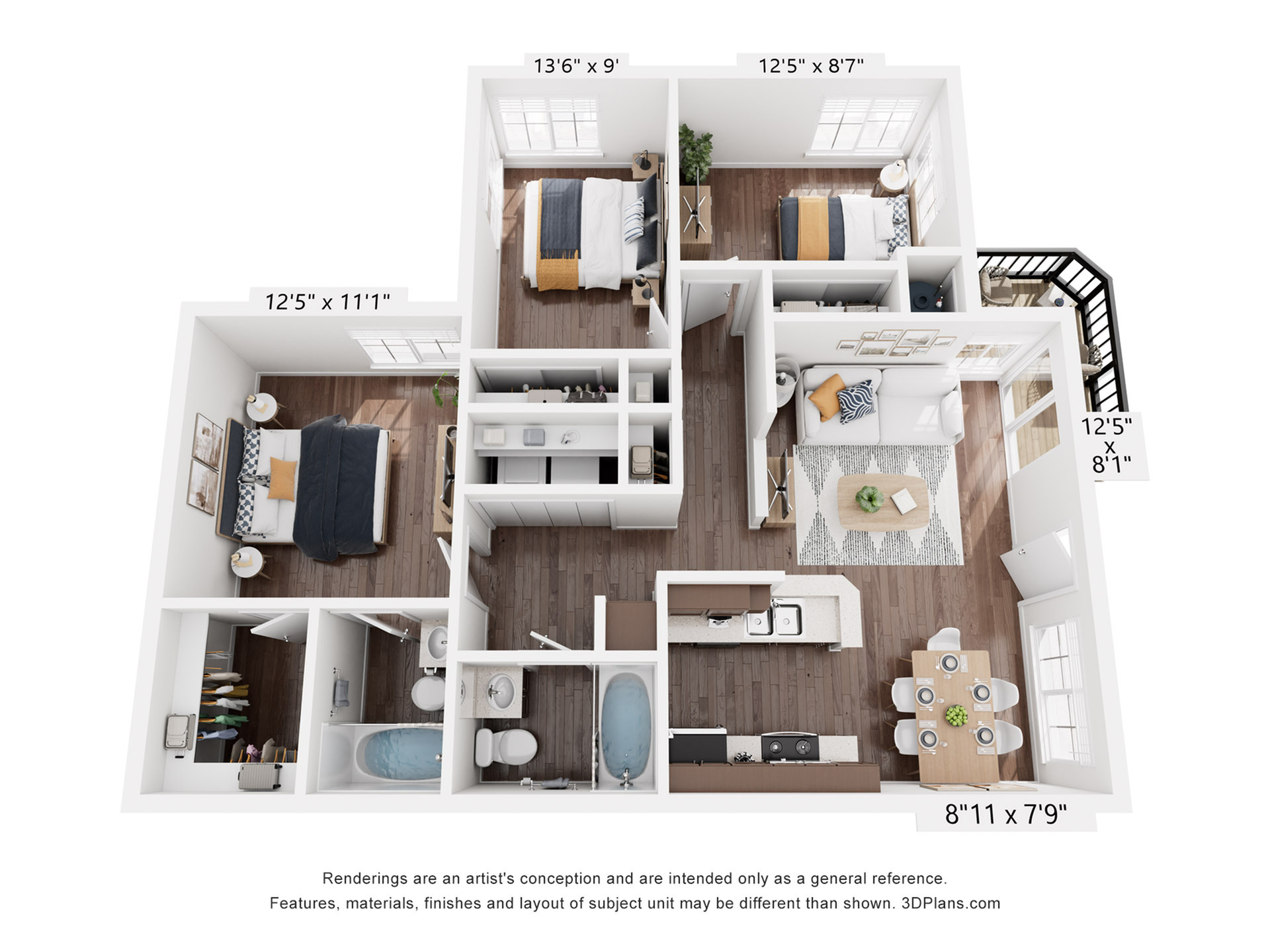 Chic 3D floor plan illustrating 3 bedrooms, 2 modern bathrooms, an open living room with natural light, and a sleek kitchen with adjacent dining area. Includes balcony space for relaxation.