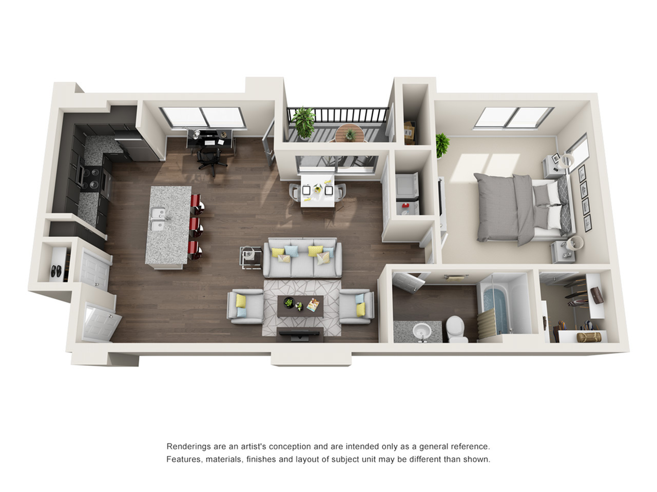 Modern floor plan showcasing a spacious 1-bedroom apartment with an open-concept kitchen and living area, cozy balcony, and sleek bathroom design.