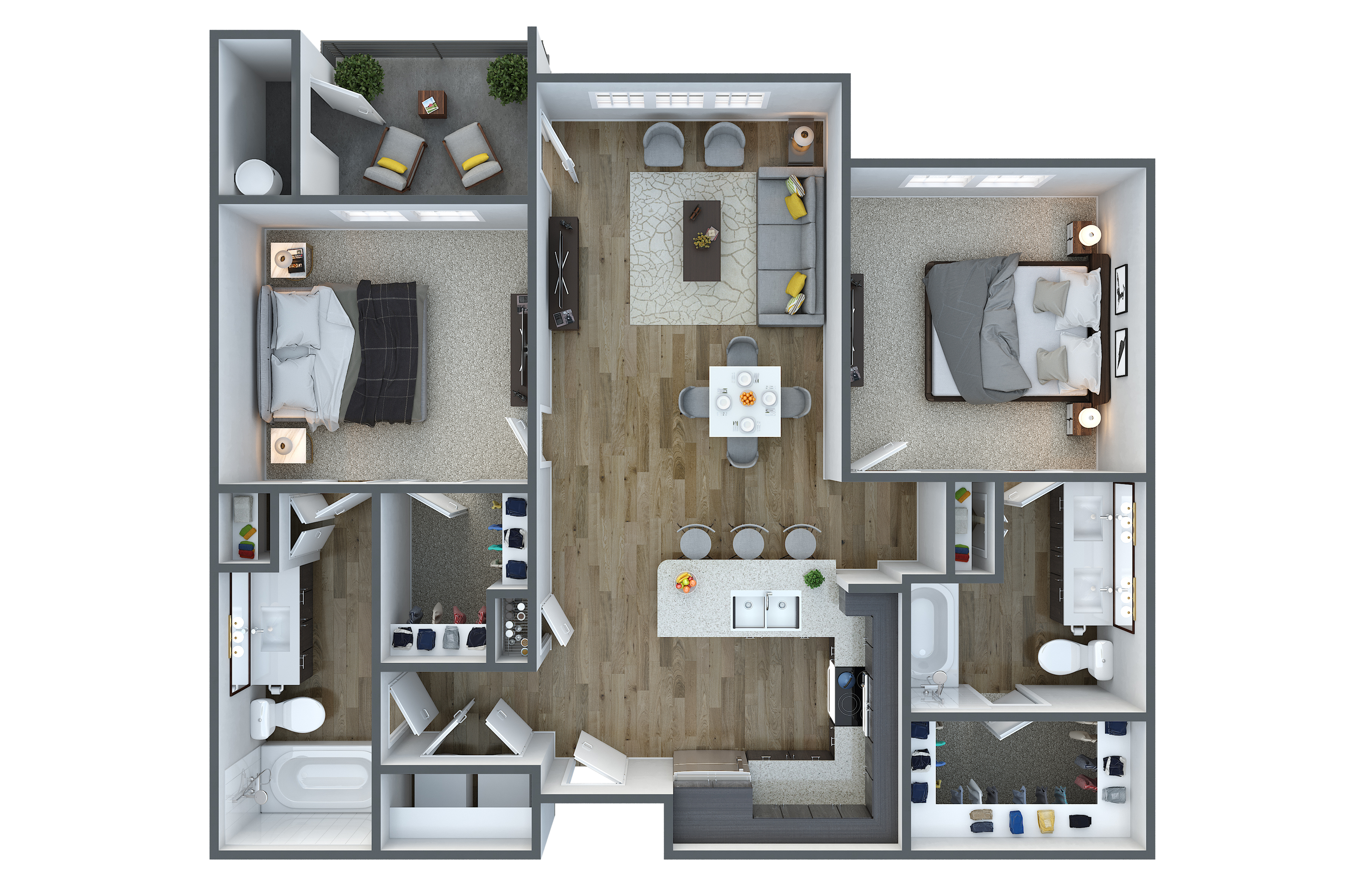 Modern 2D floor plan featuring two spacious bedrooms, open-concept living room, stylish kitchen with island, and elegant bathroom layout.