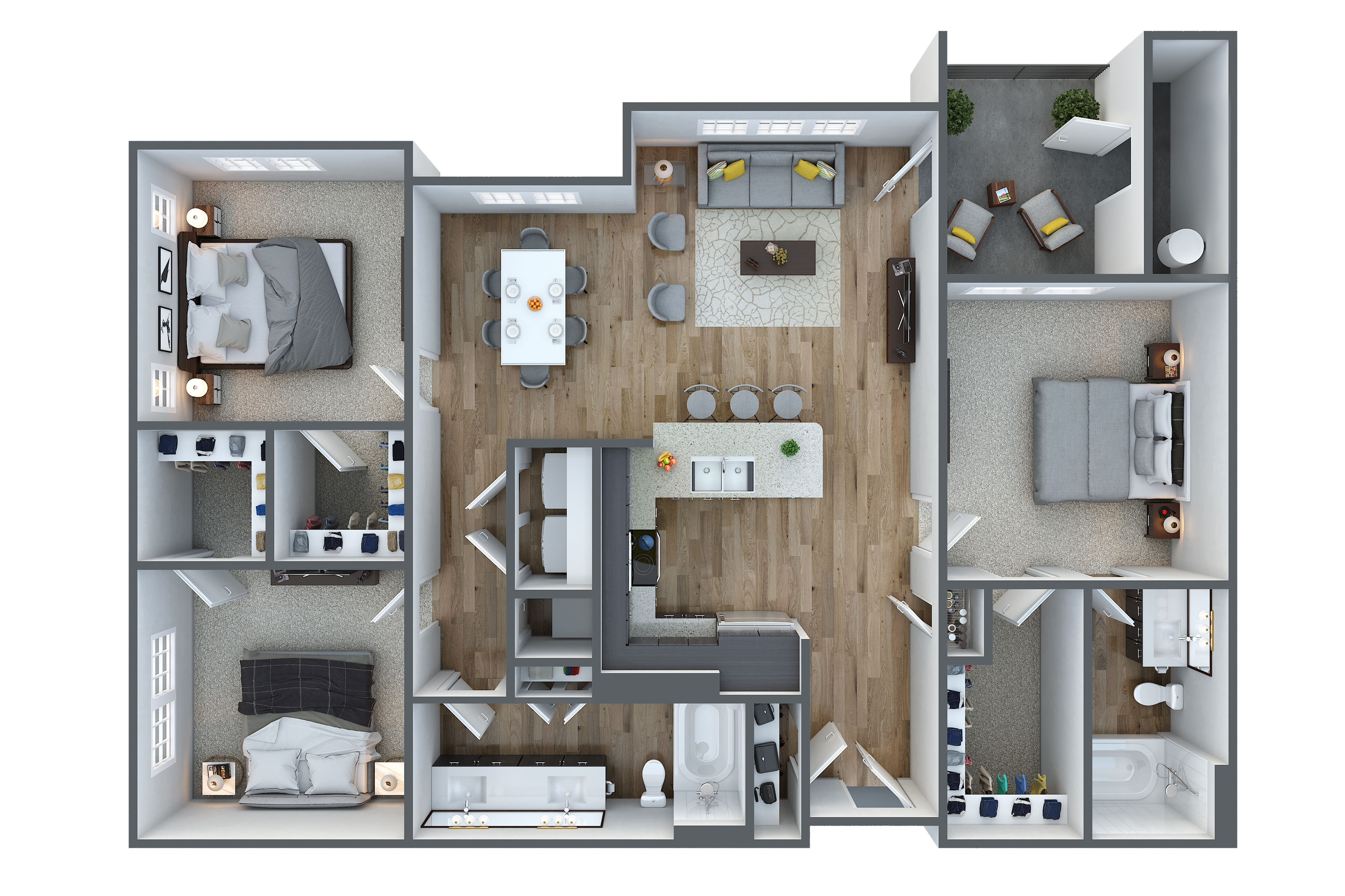 Contemporary 3D floor plan featuring three bedrooms, a modern kitchen island, and open-plan living and dining areas designed for comfort and style.