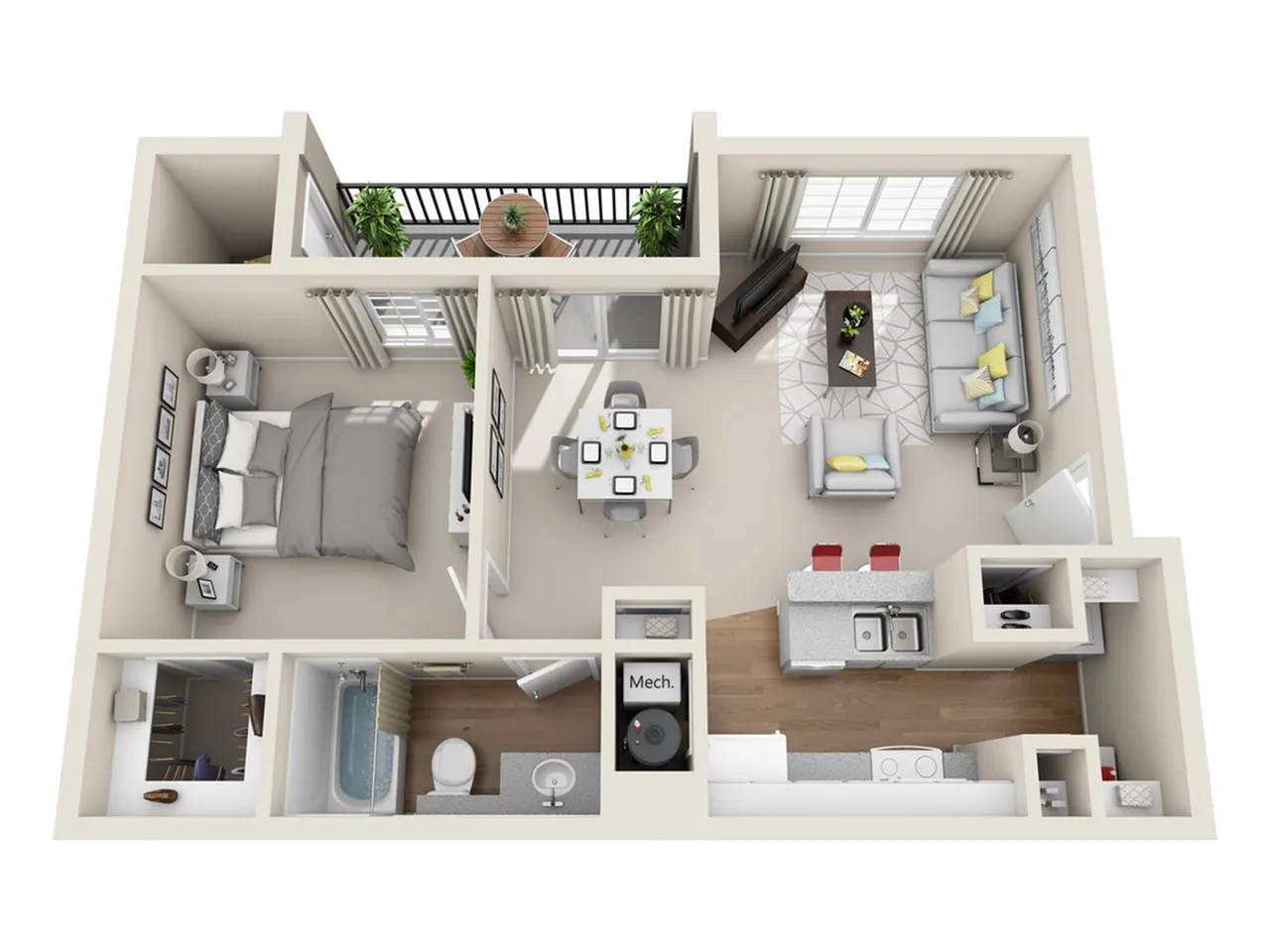 Modern 3D floor plan featuring a luxurious bedroom, stylish living room, and sleek kitchen. Includes a cozy dining area and a spacious balcony with greenery.