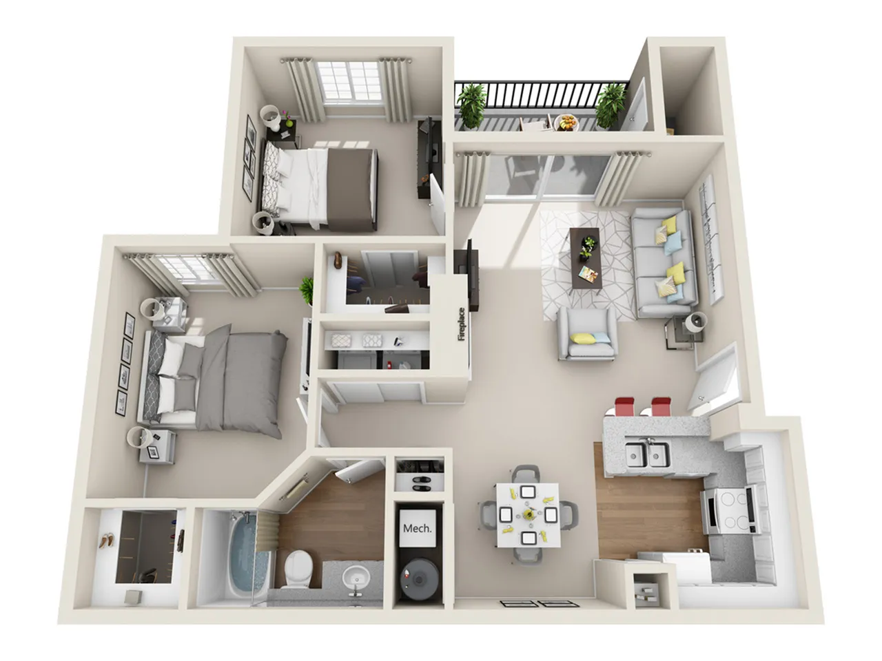 Modern 2D floor plan illustrating a bright, open-concept apartment with 2 cozy bedrooms, inviting living room with balcony access, efficient kitchen, and elegant dining area.